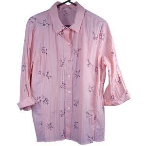 Erin London Coral Peach Pink Crinkle Gauze Blouse Floral Embroidered XL Boho